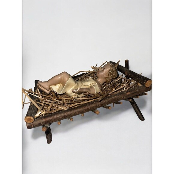 Antique Infant Jesus 1900s Real Wood Manger Nativity Baby Religious Decor - Picture 10 of 16